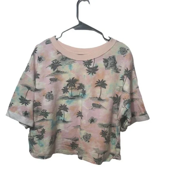 Old Navy Tie Dye Palm Tree Print Crop Tee Orange Blue Size M - Picture 2 of 4